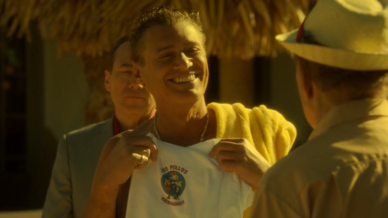 Don Eladio shows off a Los Pollos Hermanos shirt