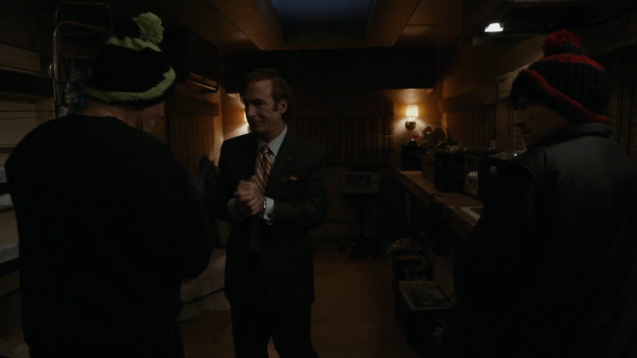 Saul talks to Walt and Jesse in the RV