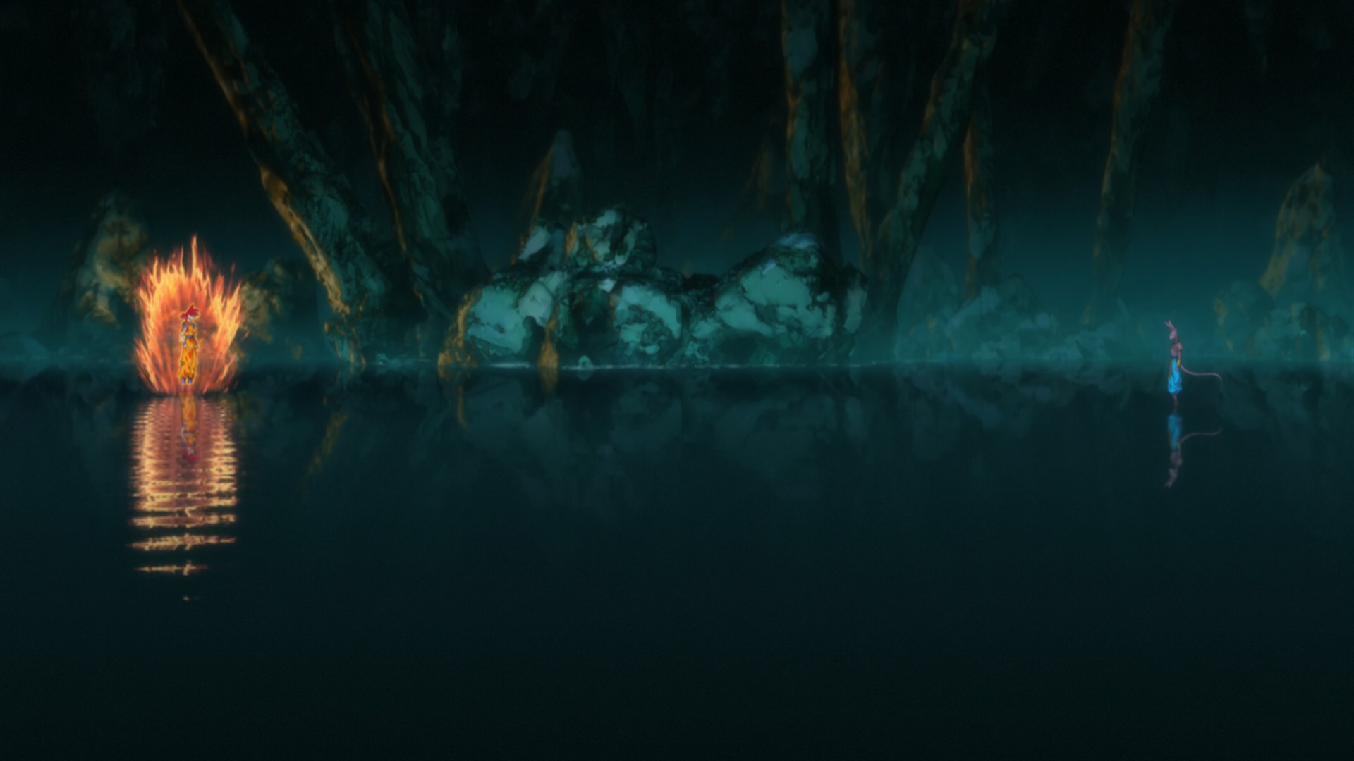Goku and Beerus stare each other down in a cave