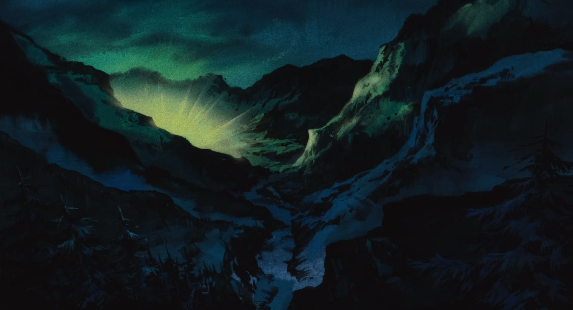 An ominous green glow comes from the mountains