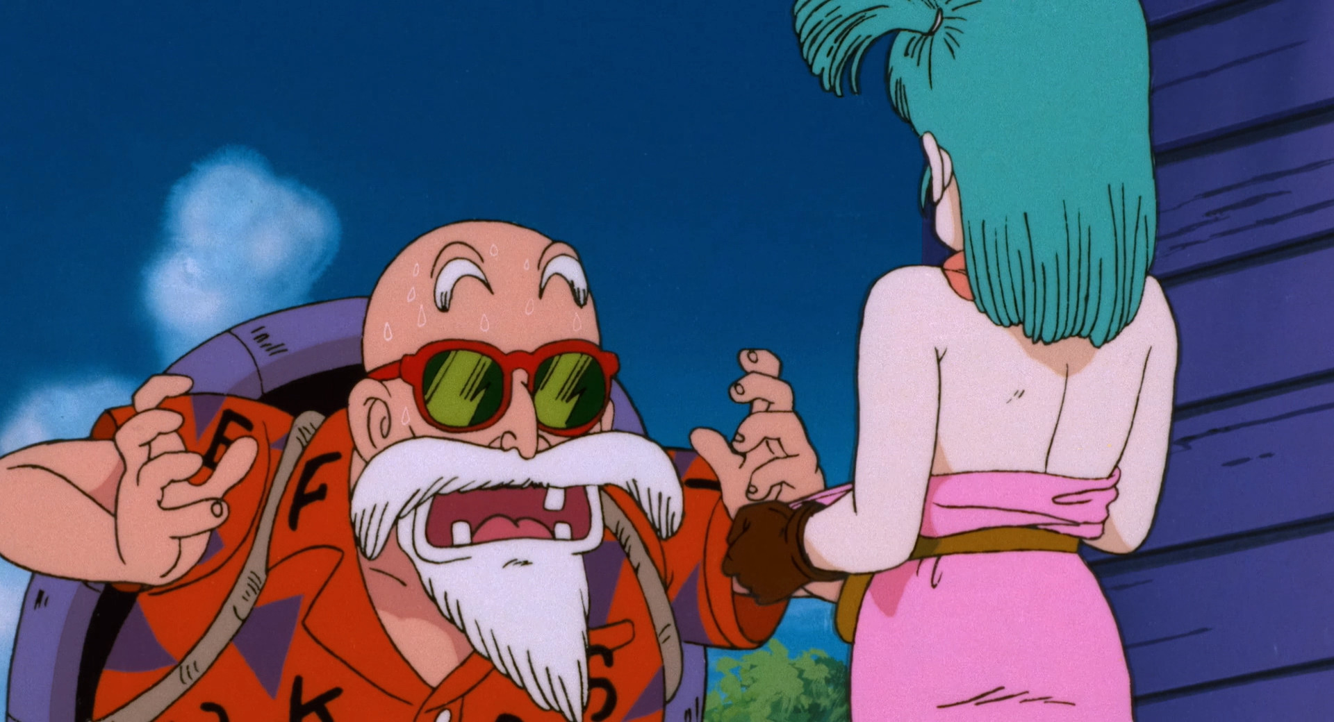 Oolong, disguised as Bulma, flashes the Turtle Hermit