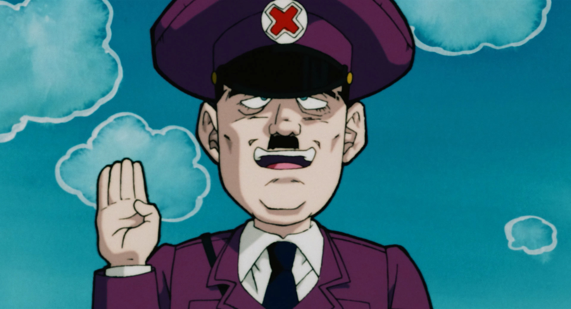 A Hitler caricature does a Nazi salute