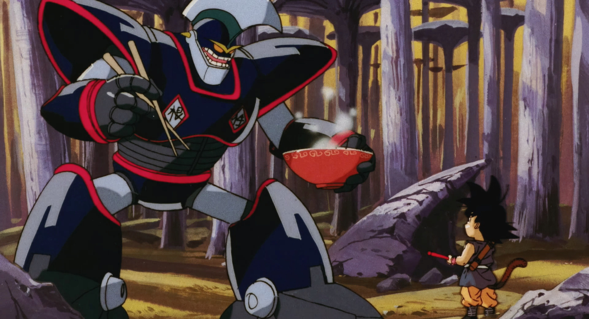 Oolong tries to intimidate Goku using his giant mech form