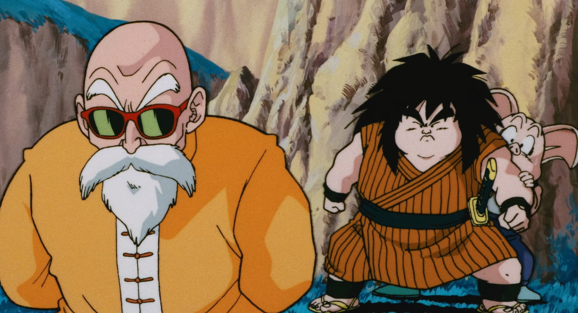 The Turtle Hermit, Yajirobe, and Oolong watch the fight