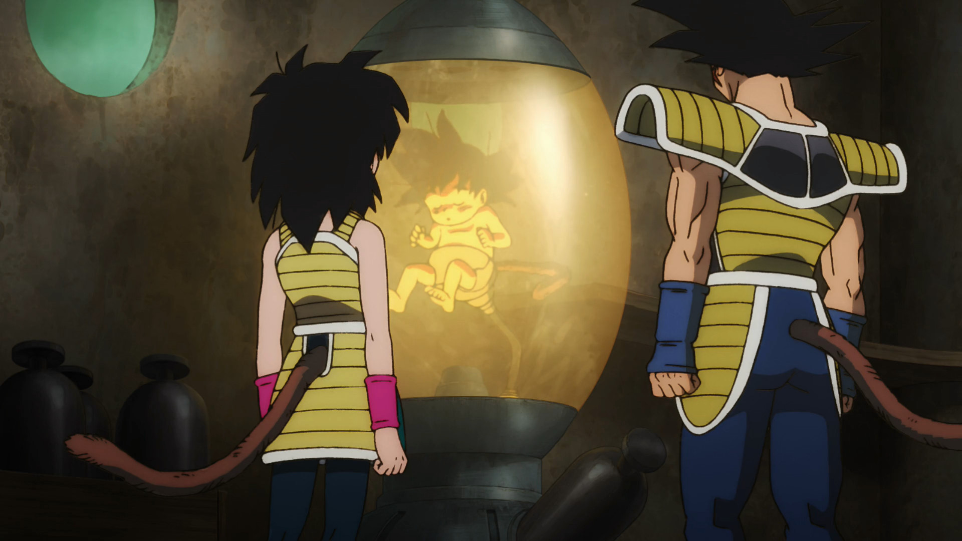 Bardock and Gine look at Goku's pod