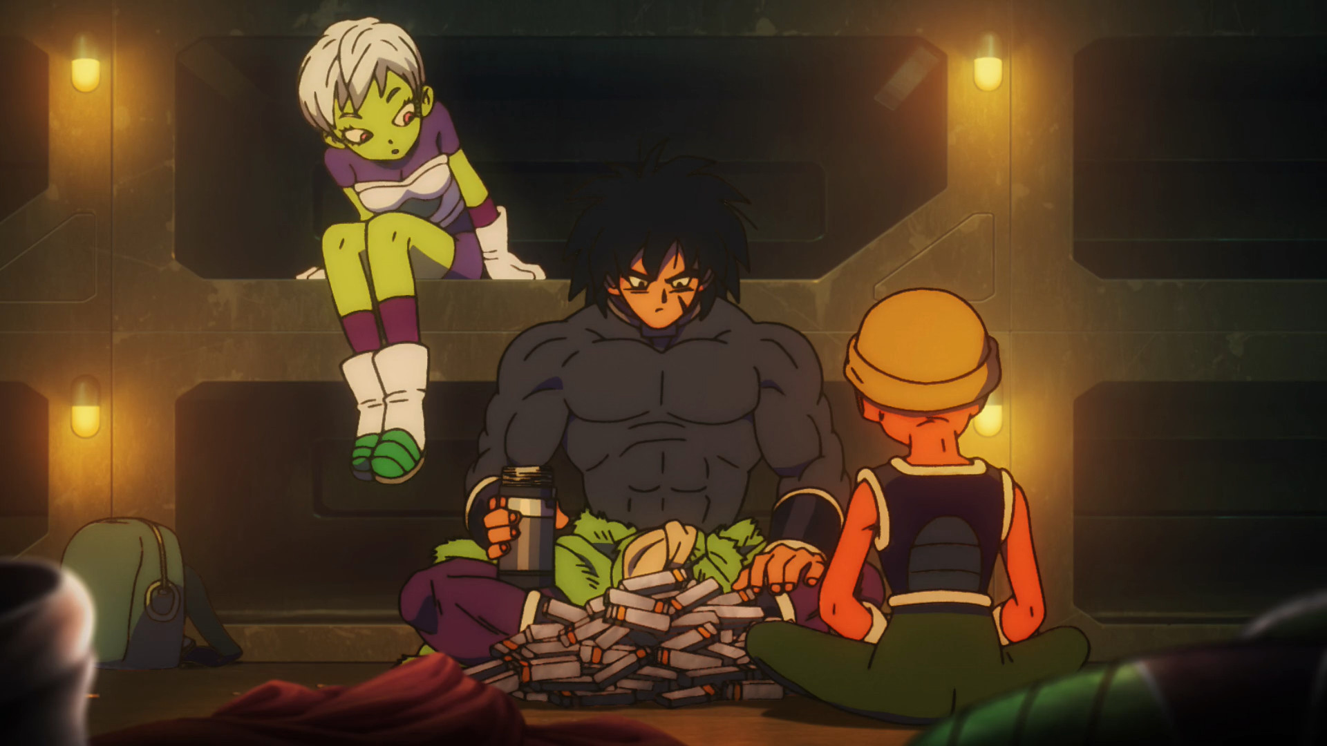 Broly explains the origins of his fur pelt to Cheelai and Lemo