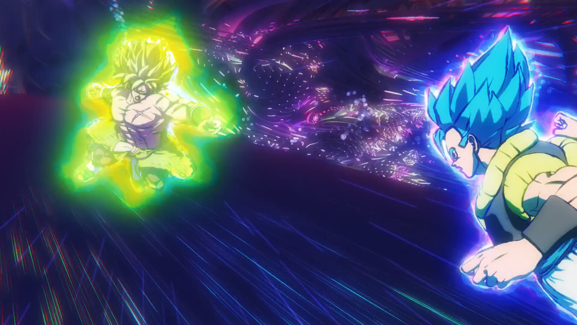 Broly and Gogeta charge at each other in a strange CG dimension