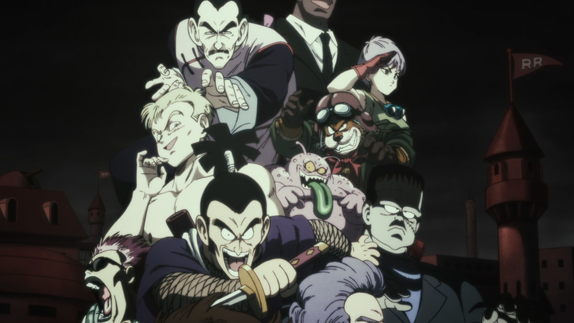 Stylized drawing of the Red Ribbon army characters