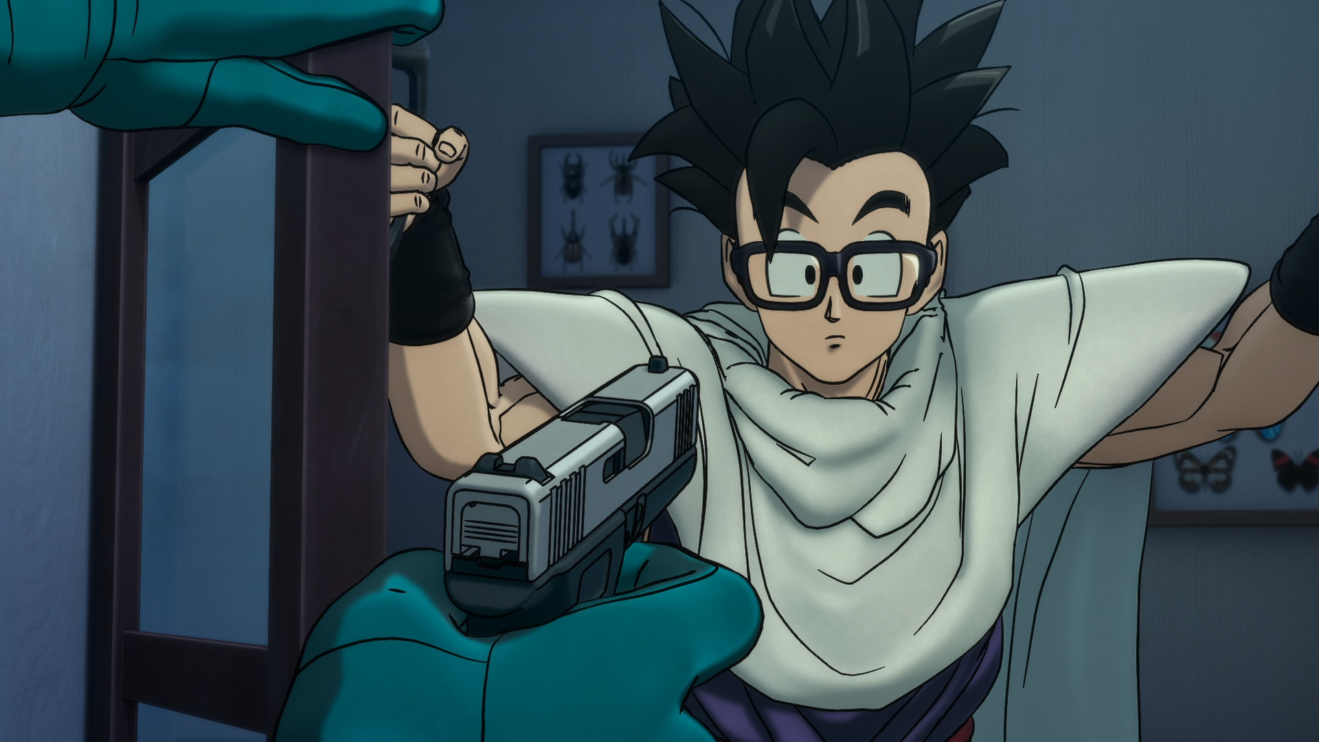 The Red Ribbon grunt points a gun at Gohan