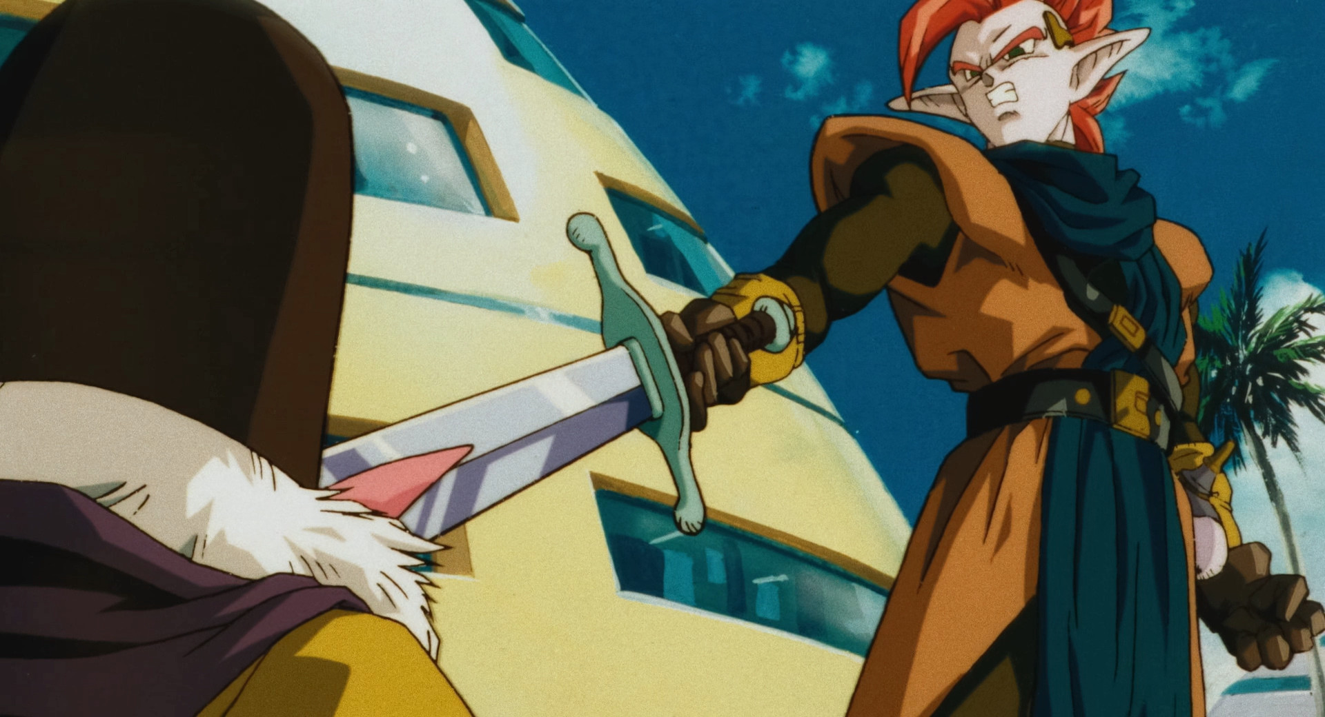 Tapion points his sword at the old man
